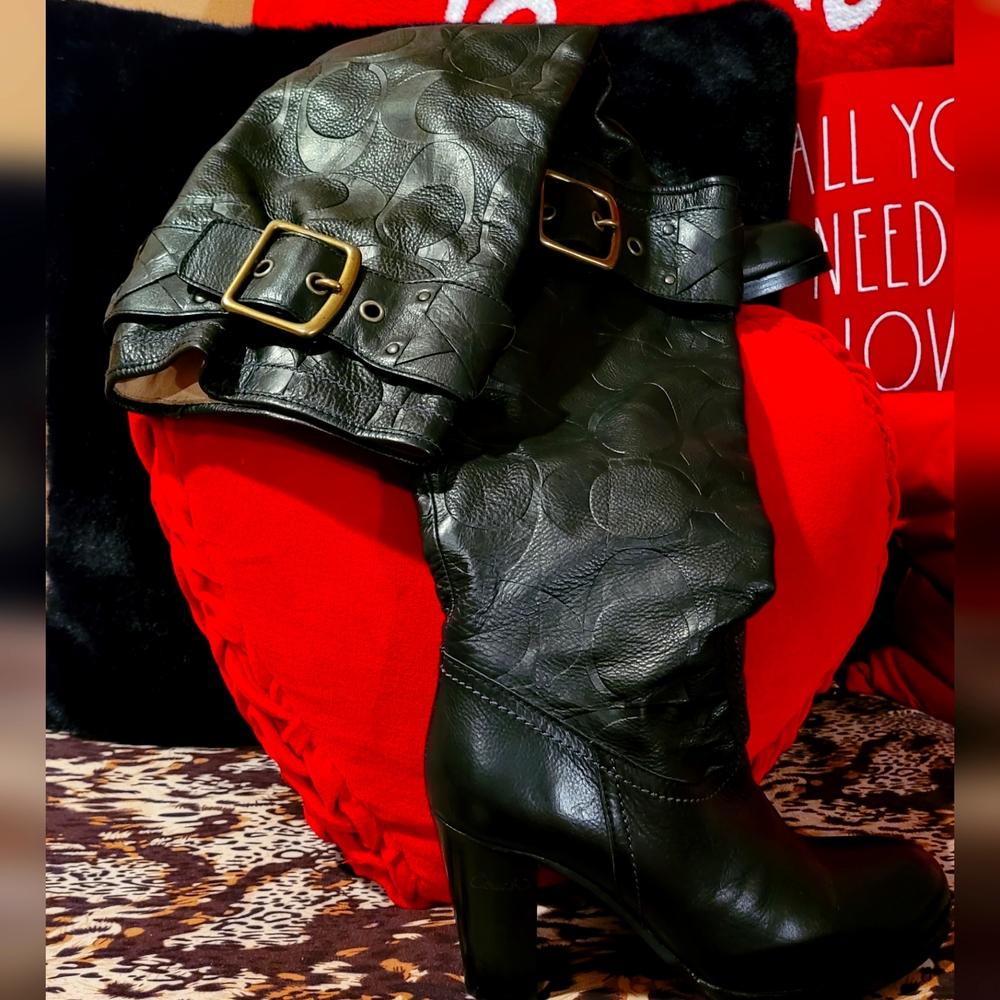PRE-OWNED COACH Premium Genuine Leather Monogram Tall Boots